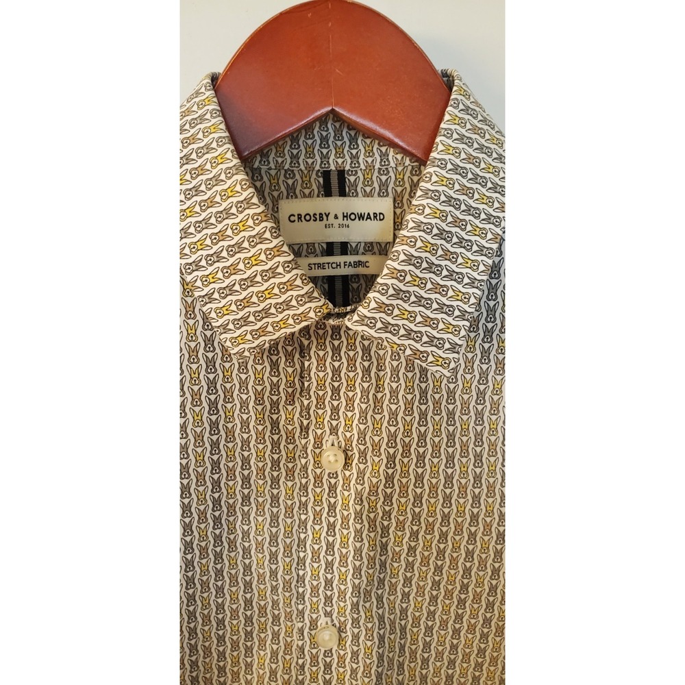 Crosby & Howard Shirt S Bunny Faces Ivory Gold Gray Micro Print Stretch Fabric